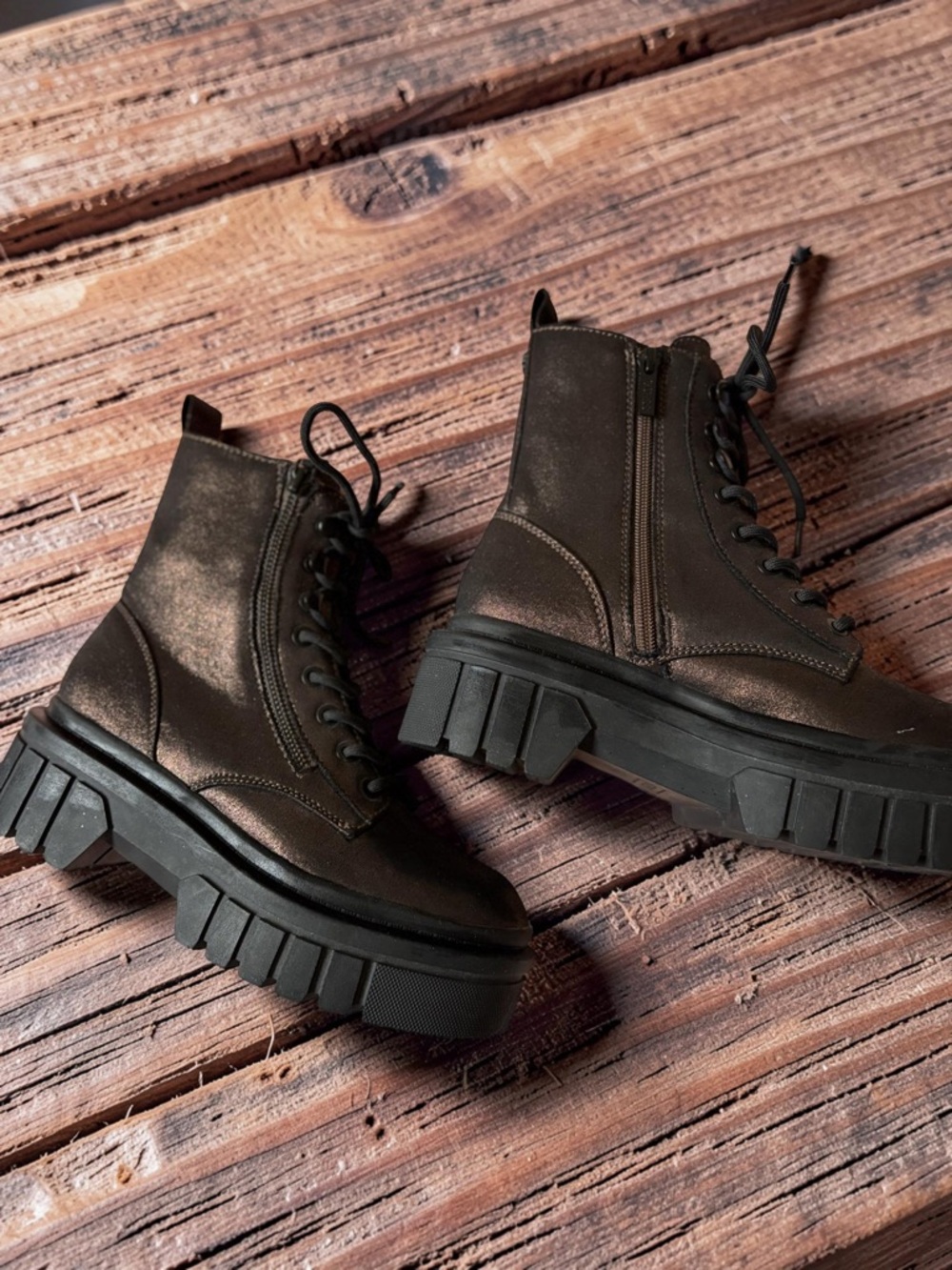Chunky Lace-Up Combat Boots in Metallic Bronze